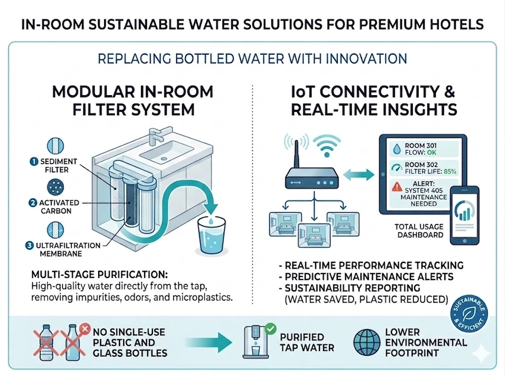 In-room hotel water filtration and refillable bottled water system by ULTREAU.
